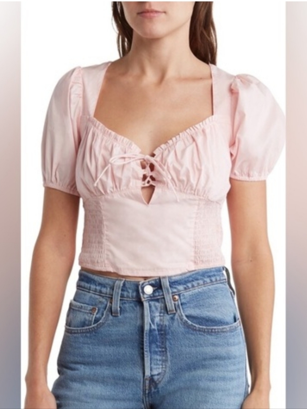Astr Pink Lace-Up Puff Sleeve Crop Top